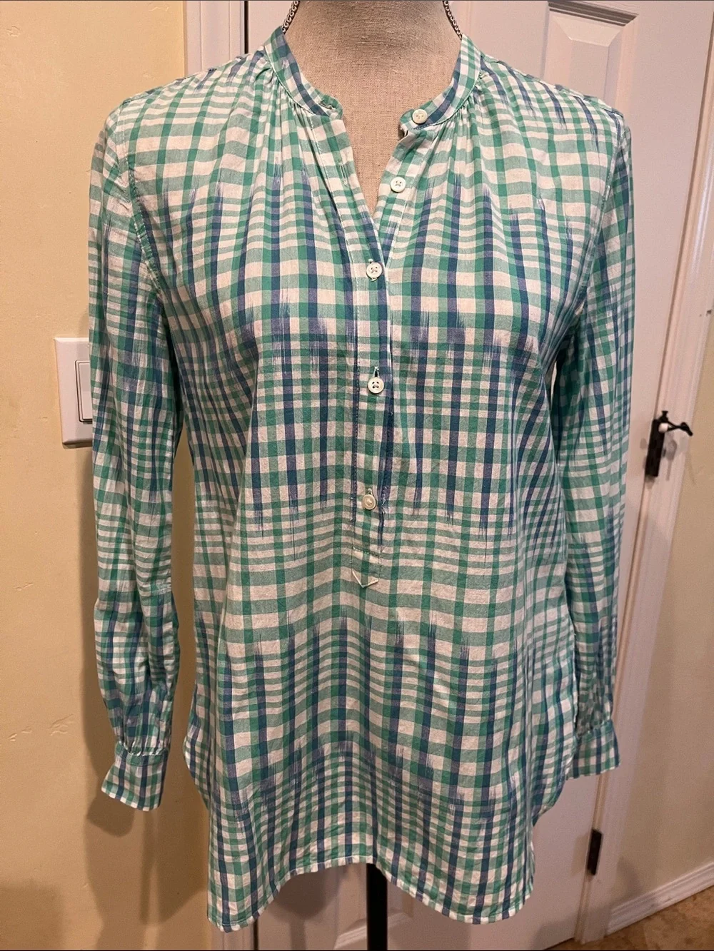 J. Crew Green, Blue, and White Plaid Cotton Button-Front Shirt
